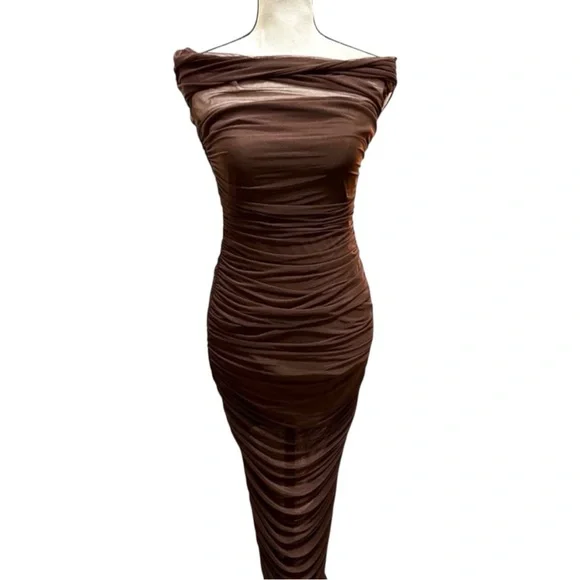 Lulu’s Sunama Brown Mesh Ruched Bodycon Midi Dress XS - Picture 6 of 6